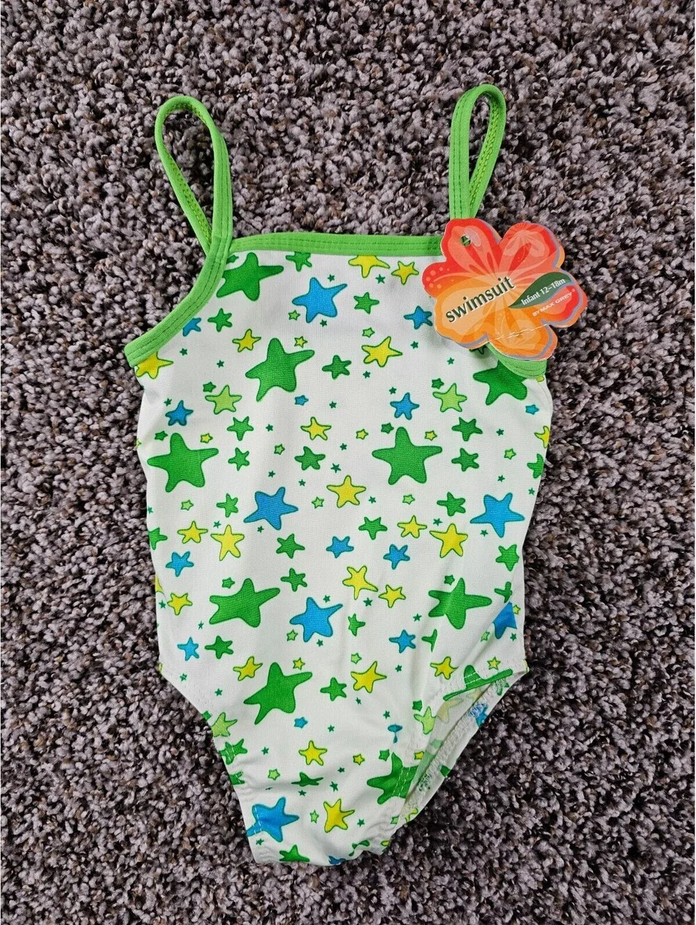 Max Grey Baby Girls Sz 12-18M One Piece Swimsuit Green White Star Print NEW